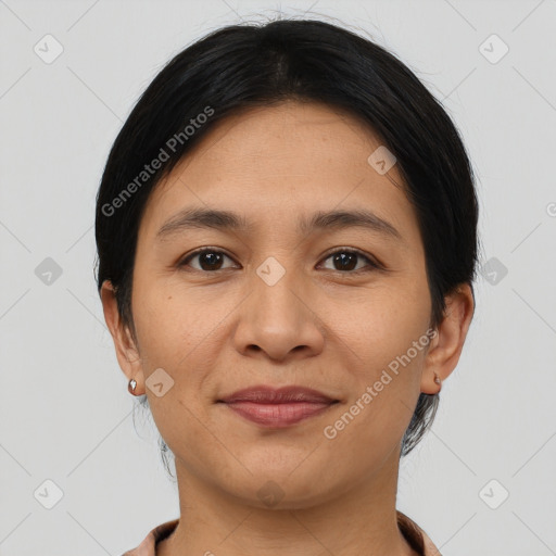 Joyful asian young-adult female with short  black hair and brown eyes