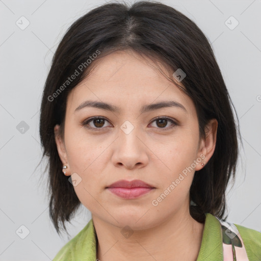 Neutral white young-adult female with medium  brown hair and brown eyes