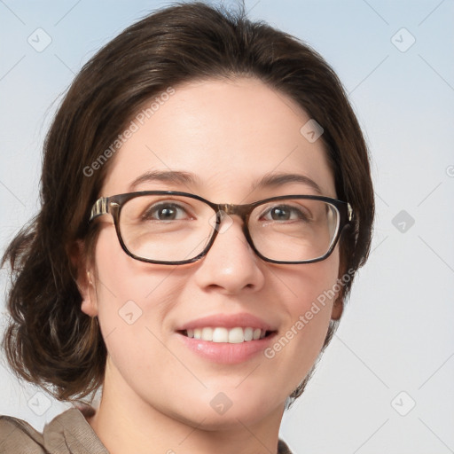 Joyful white young-adult female with medium  brown hair and blue eyes