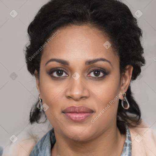 Joyful latino young-adult female with medium  black hair and brown eyes