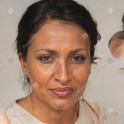 Joyful black adult female with medium  brown hair and brown eyes