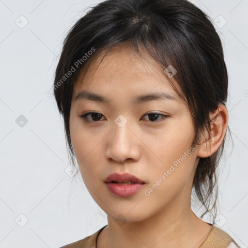 Neutral asian young-adult female with medium  brown hair and brown eyes