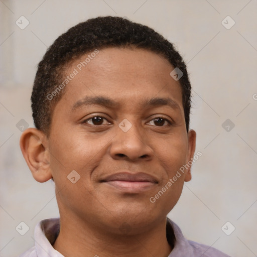 Joyful latino young-adult male with short  brown hair and brown eyes