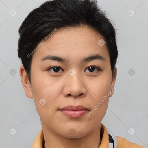 Joyful asian young-adult female with short  brown hair and brown eyes