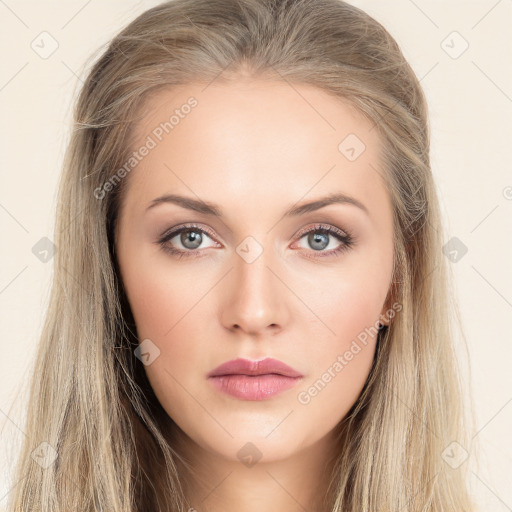 Neutral white young-adult female with long  brown hair and brown eyes