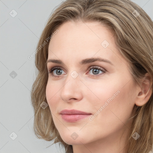 Neutral white young-adult female with long  brown hair and grey eyes