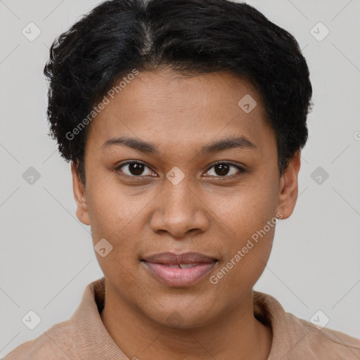 Joyful latino young-adult female with short  brown hair and brown eyes