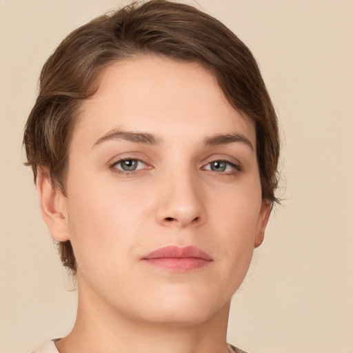 Neutral white young-adult female with short  brown hair and brown eyes