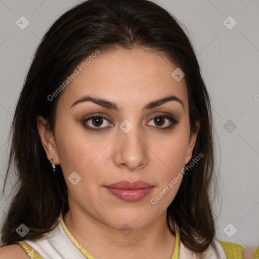 Neutral white young-adult female with medium  brown hair and brown eyes