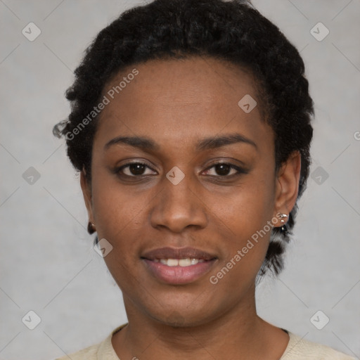 Neutral black young-adult female with short  black hair and brown eyes