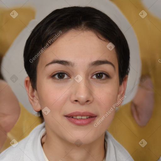 Joyful white young-adult female with short  brown hair and brown eyes