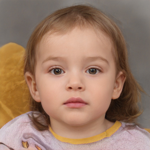 Neutral white child female with medium  brown hair and blue eyes