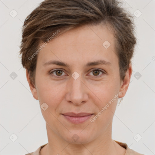 Joyful white young-adult female with short  brown hair and grey eyes