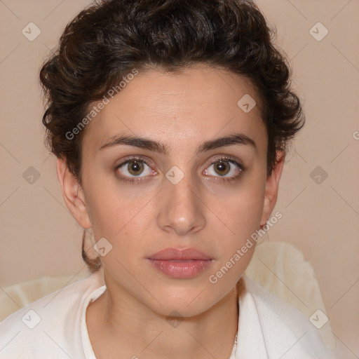 Neutral white young-adult female with short  brown hair and brown eyes