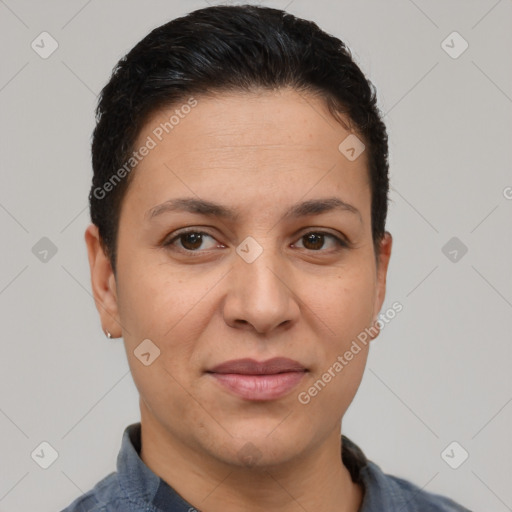 Joyful white adult female with short  brown hair and brown eyes