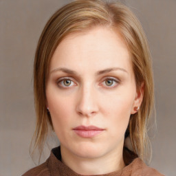 Neutral white young-adult female with medium  brown hair and blue eyes