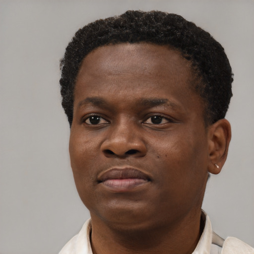 Joyful black young-adult male with short  brown hair and brown eyes