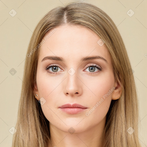 Neutral white young-adult female with long  brown hair and brown eyes