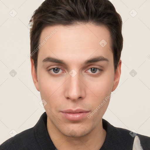 Neutral white young-adult male with short  brown hair and brown eyes