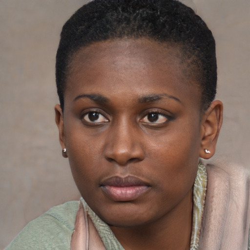 Neutral black young-adult female with short  black hair and brown eyes