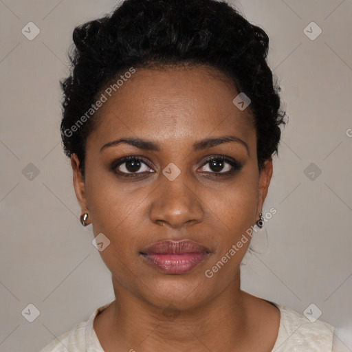 Neutral black young-adult female with short  black hair and brown eyes