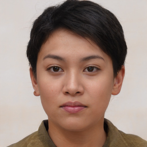 Neutral asian young-adult female with short  brown hair and brown eyes