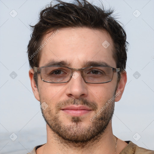 Neutral white young-adult male with short  brown hair and brown eyes