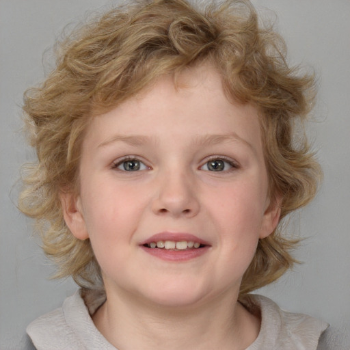 Joyful white child female with medium  brown hair and blue eyes