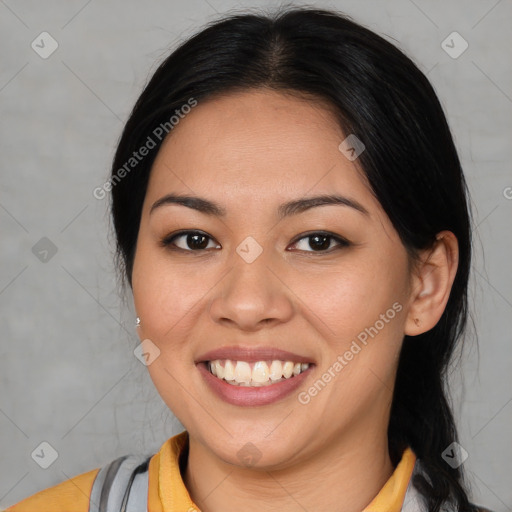 Joyful asian young-adult female with medium  brown hair and brown eyes