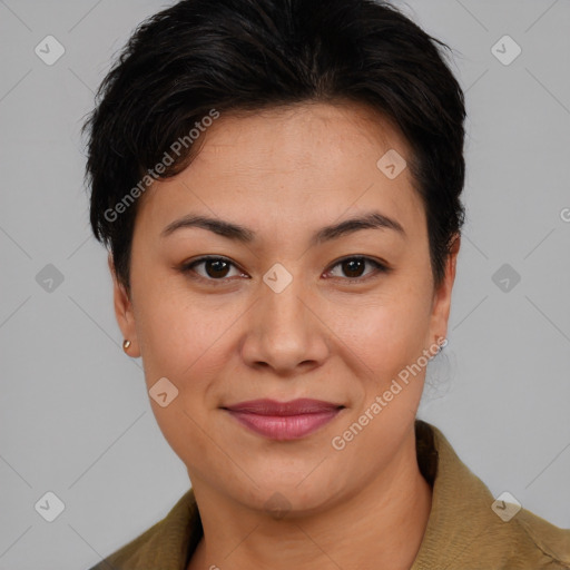 Joyful asian young-adult female with medium  brown hair and brown eyes