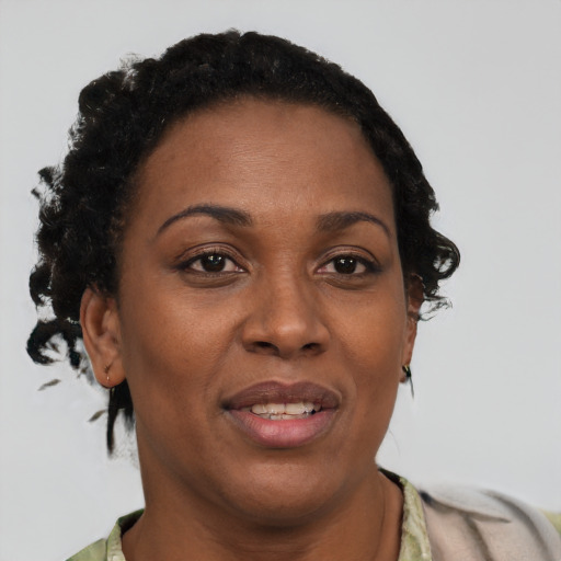 Joyful black adult female with short  brown hair and brown eyes