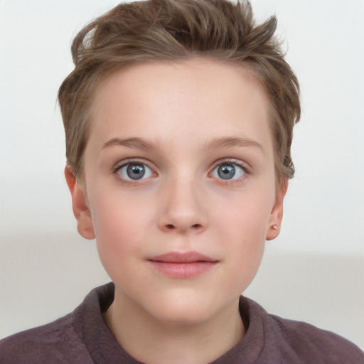 Neutral white child female with short  brown hair and grey eyes