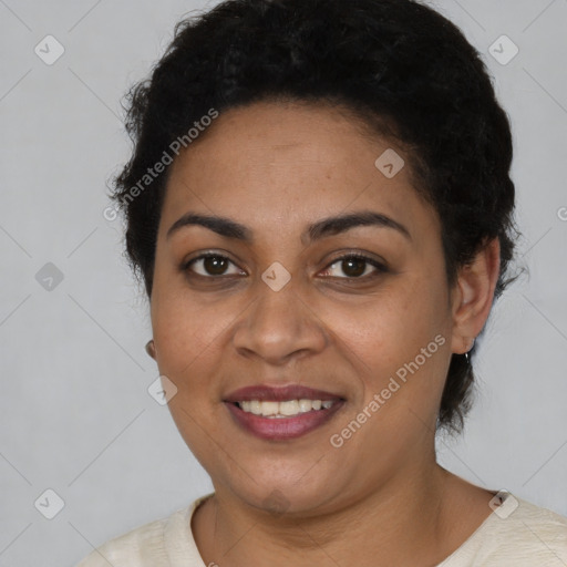 Joyful latino young-adult female with short  brown hair and brown eyes