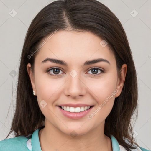 Joyful white young-adult female with medium  brown hair and brown eyes