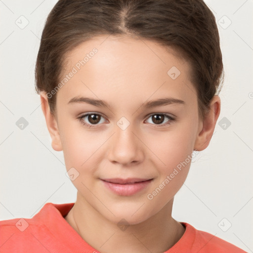 Joyful white child female with short  brown hair and brown eyes