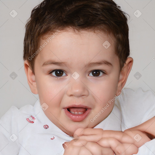 Joyful white child female with short  brown hair and brown eyes