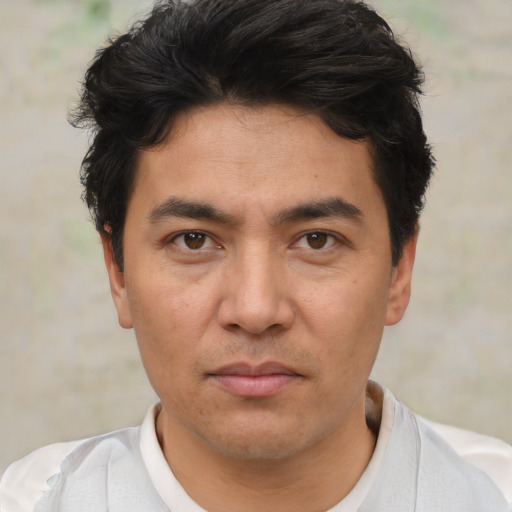 Neutral asian adult male with short  black hair and brown eyes