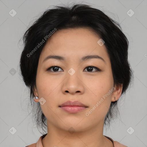 Neutral asian young-adult female with medium  brown hair and brown eyes