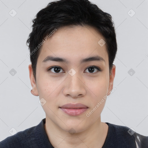 Joyful white young-adult female with short  black hair and brown eyes