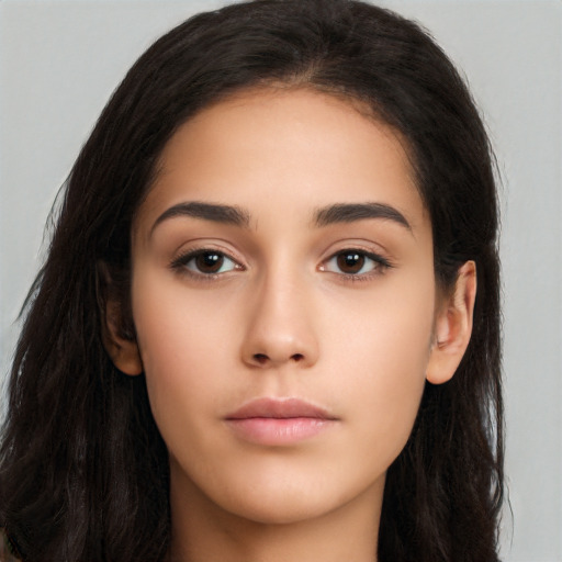 Neutral latino young-adult female with long  black hair and brown eyes