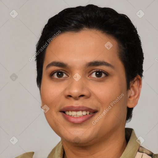 Joyful latino young-adult female with short  brown hair and brown eyes