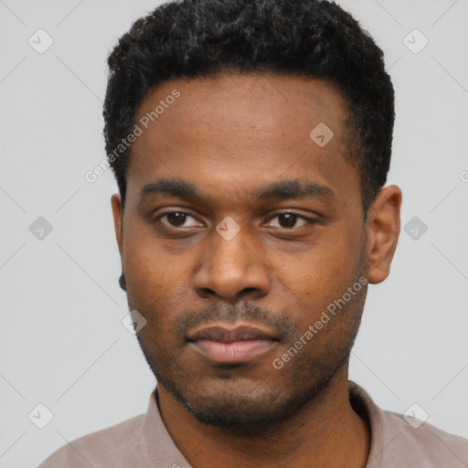 Neutral latino young-adult male with short  black hair and brown eyes
