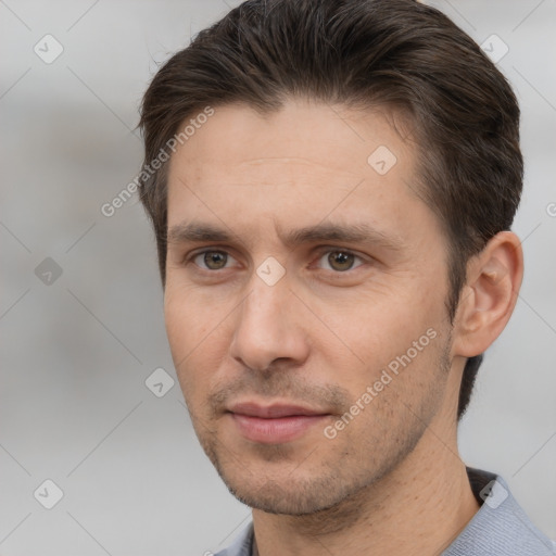 Neutral white adult male with short  brown hair and brown eyes