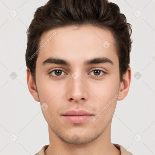 Neutral white young-adult male with short  brown hair and brown eyes