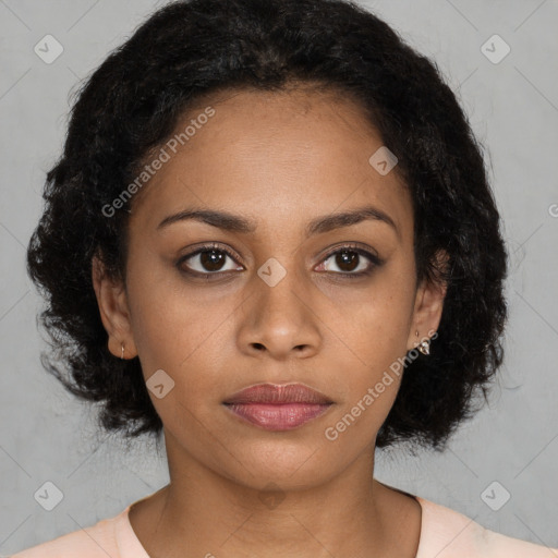 Neutral black young-adult female with medium  brown hair and brown eyes