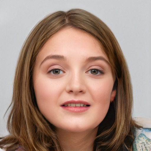 Joyful white young-adult female with medium  brown hair and blue eyes