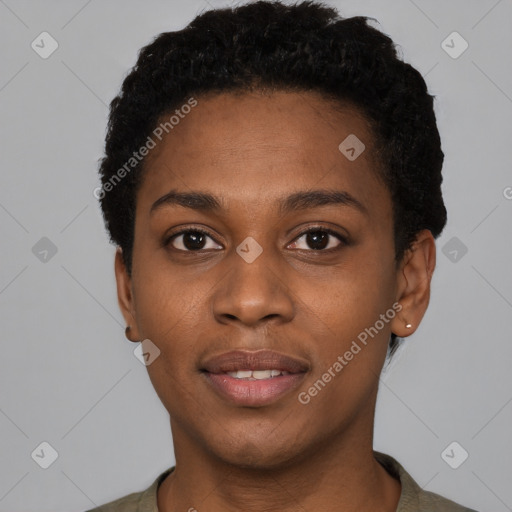 Joyful black young-adult female with short  black hair and brown eyes