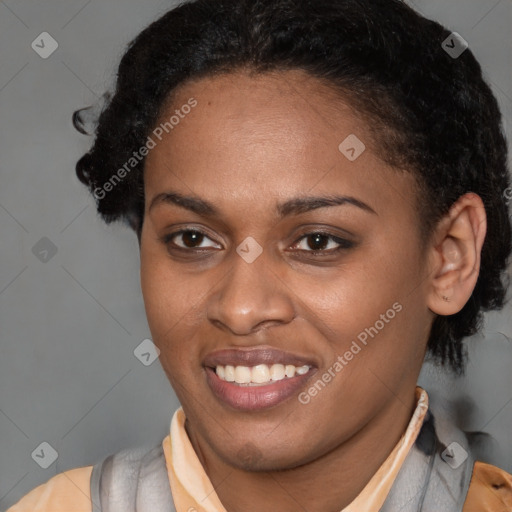 Joyful latino young-adult female with short  brown hair and brown eyes