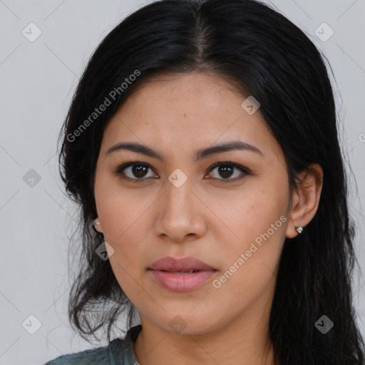 Joyful asian young-adult female with long  black hair and brown eyes