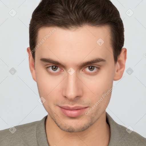 Neutral white young-adult male with short  brown hair and brown eyes